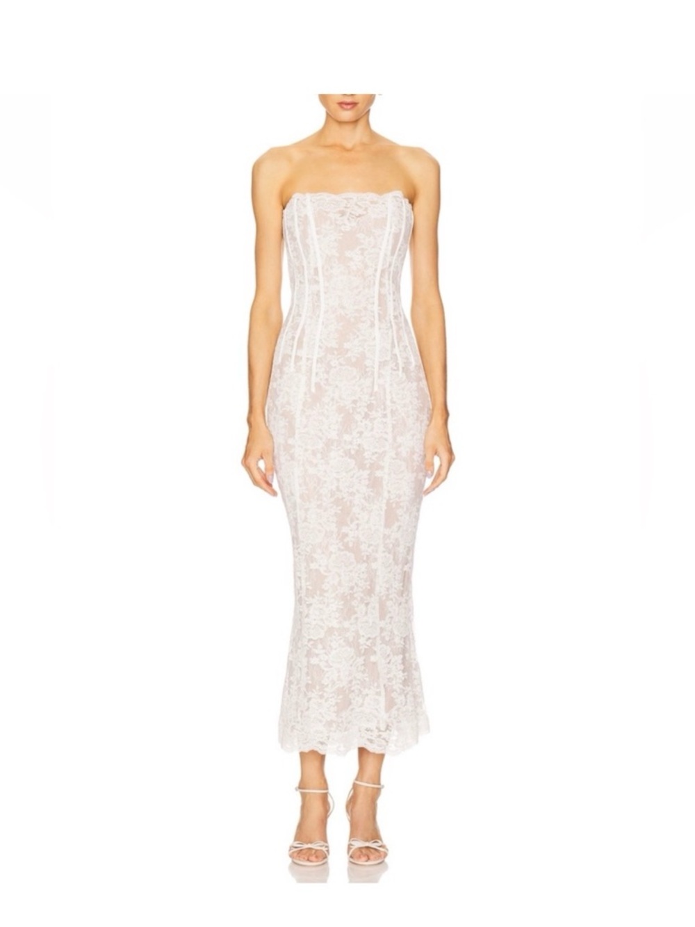 V. Chapman Strapless White Lace Midi Dress- bridal